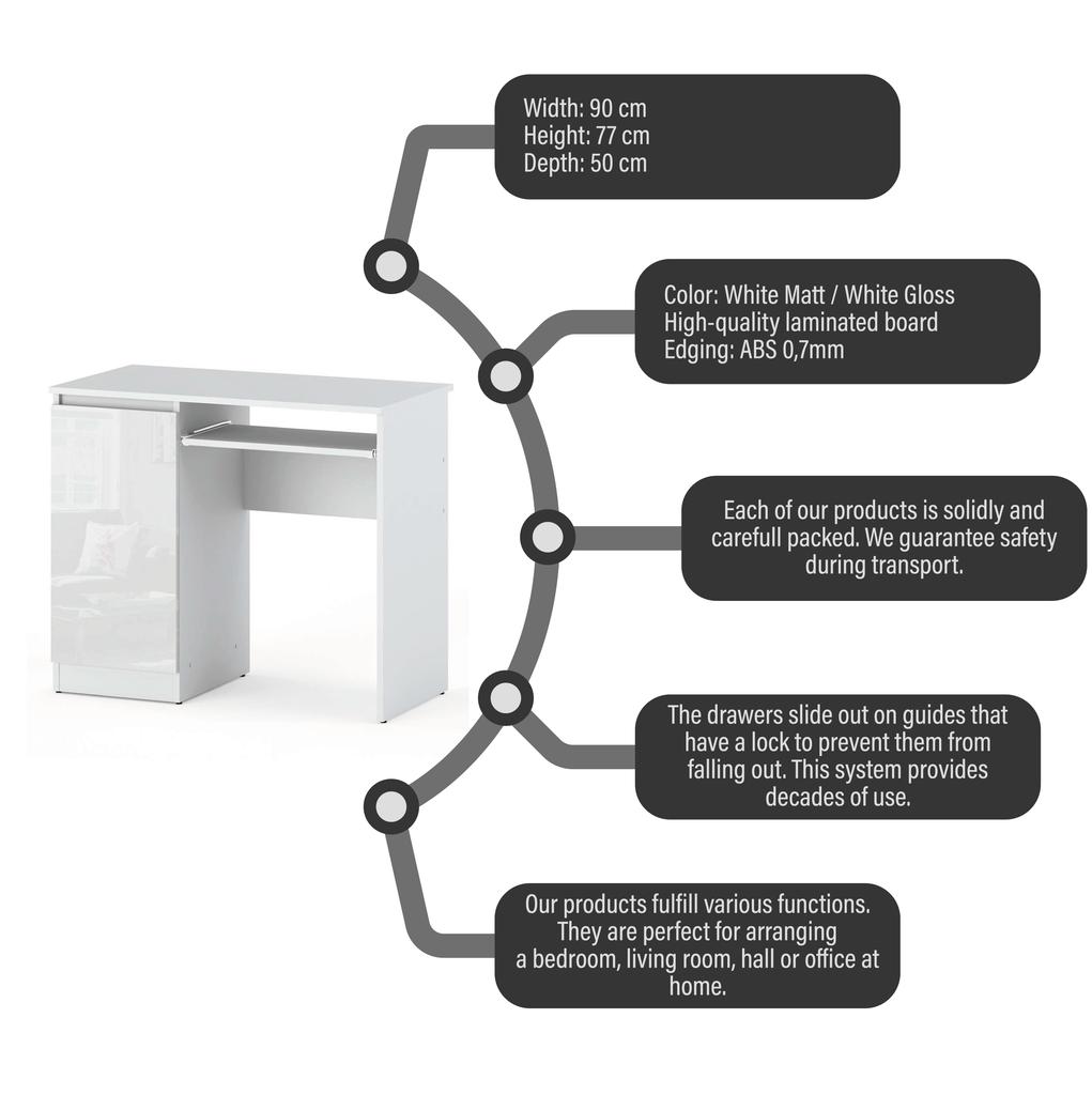 Gaming-Computertisch für die Schule, Weiß Hochglanz, 90 CM, mit 2 Regalen