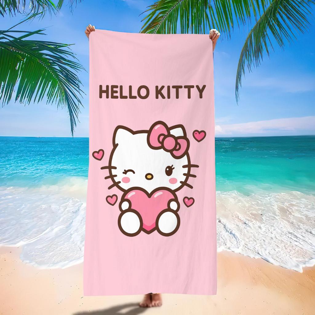 Brown Hello Kitty Surfing Beach Towel Tropical Palm Tree Design Cute Pink Bikini Kitty On Wave Summer Pool Towel For Beach Lover