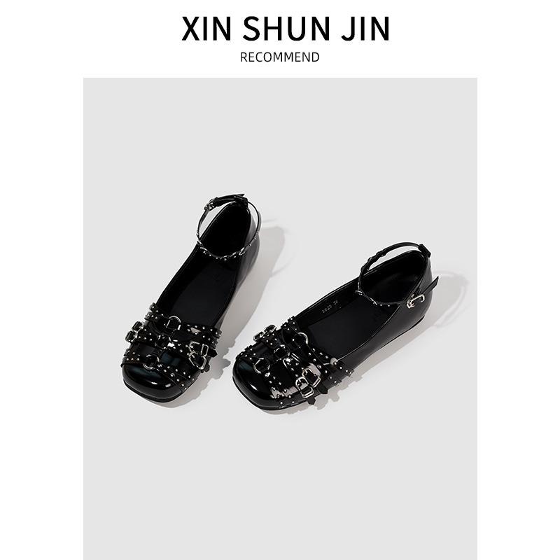 Ballet flats women's spring new leather retro single shoes inner height increase rivet shallow mouth Mary Jane shoes