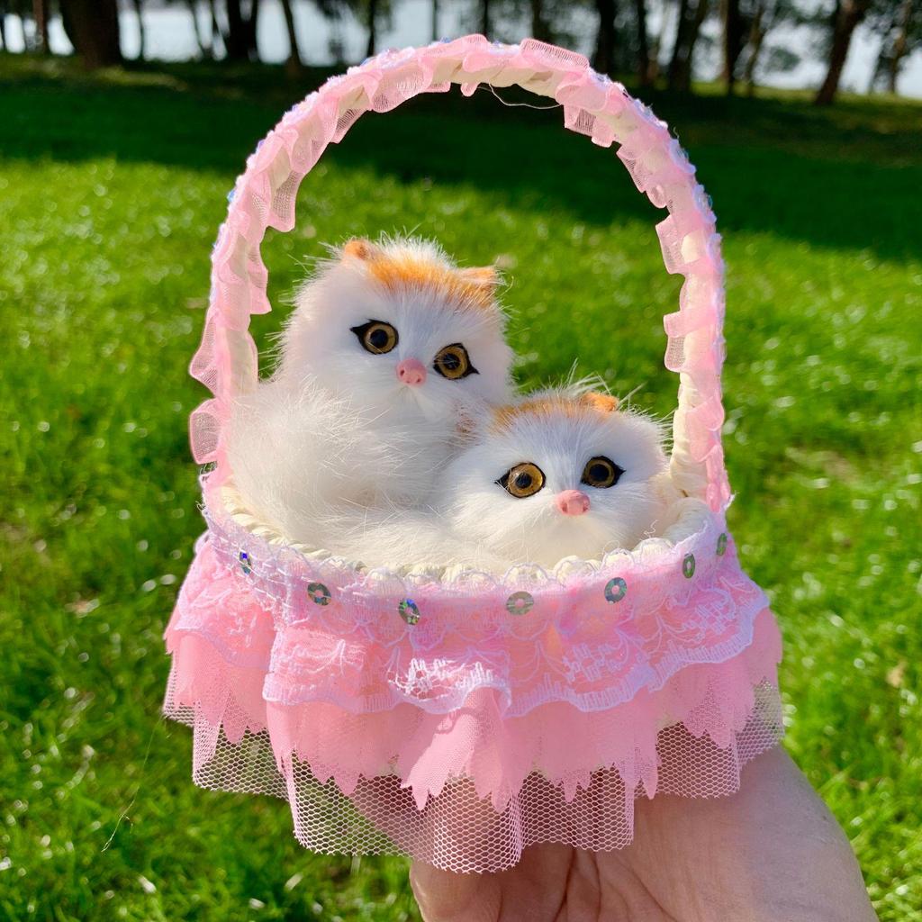 Mother Cat and Kitten with Basket Figurine - Toy Gift for Kids or Girlfriend
