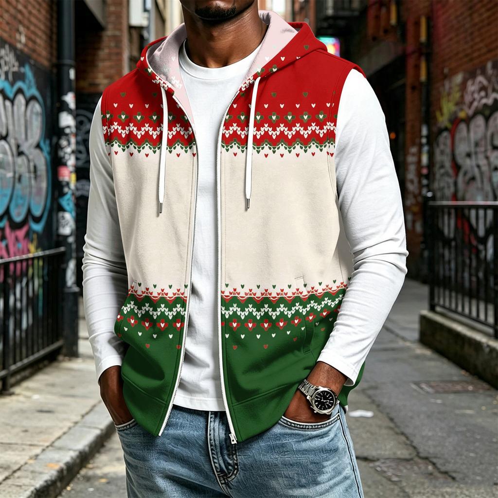 Men's Hooded Sleeveless Zip Up Vest with Christmas Print Casual Holiday Celebration Outfit