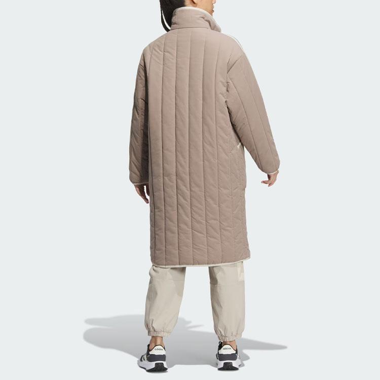 adidas Wygodna wyściełana kurtka z trzema paskami, blok kolorów, długa, sportowa, casualowa, bawełniana kurtka, płaszcze damskie, różowa, brązowa, IL8953