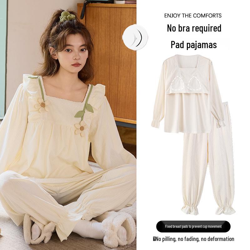 Women's Cotton Pajama Set with Chest Pads - Long Sleeve Cute Princess Style for Spring, Autumn, Winter