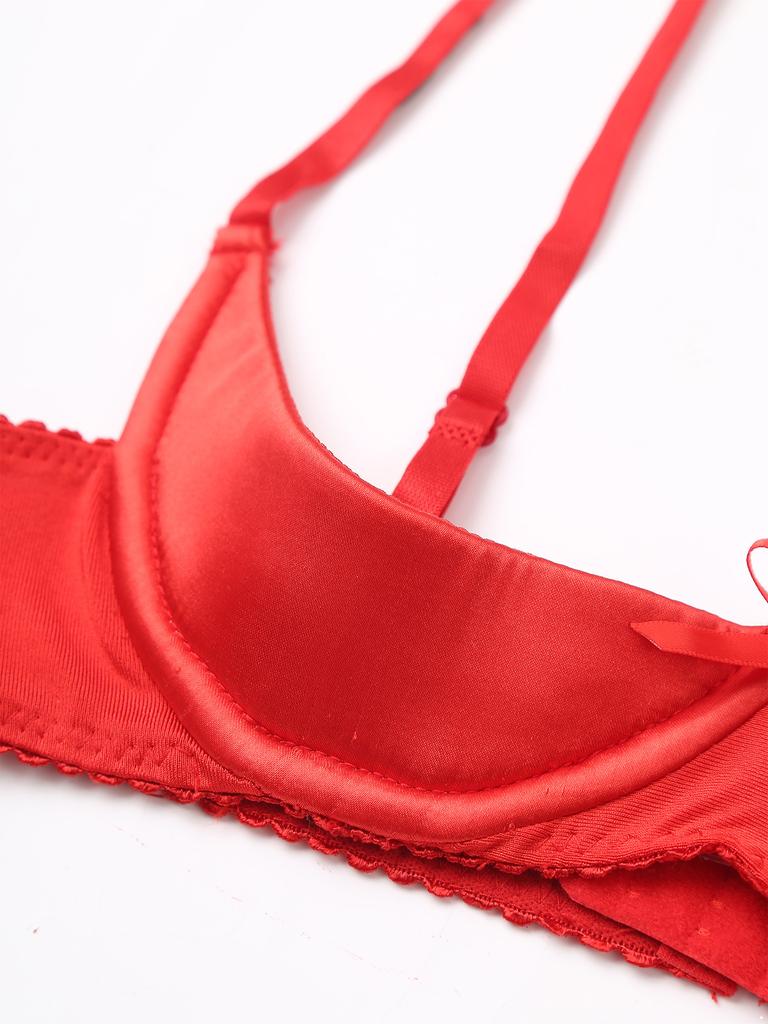 Damen Sexy Satin Lingerie Verstellbare Spaghettiträger Bügel Halbschalen Schleife Push-Up Balconette BH