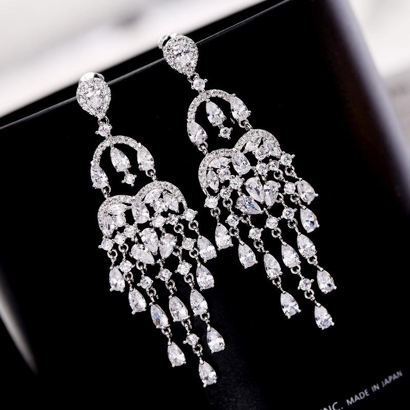 

2024 autumn fringed earrings long inlaid with colored zircon stud earrings new fashion water drop earrings women