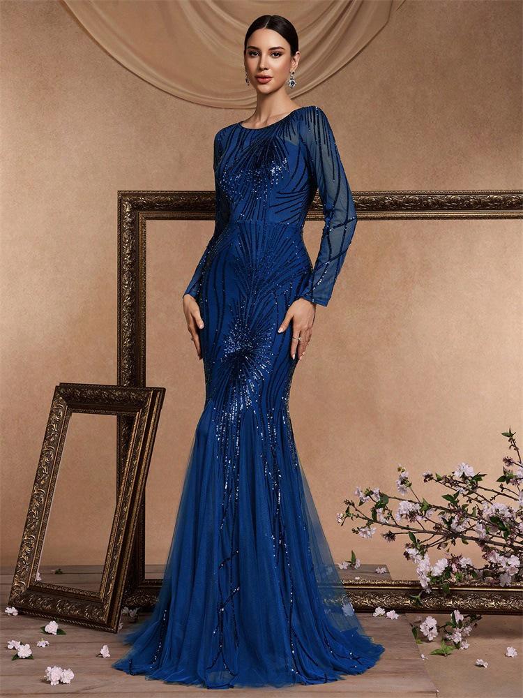 Elegante Vestido de Festa Longo de Manga Comprida Ajustado Cauda de Peixe para Madrinha
