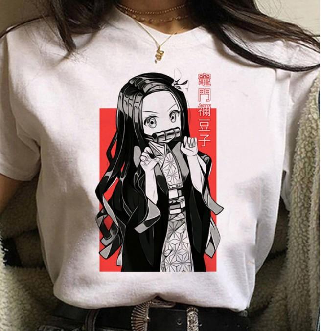 Kawaii Casual Anime Demon Slayer Kimetsu No Yaiba Graphics Female T-Shirt Summer Loose Blouse White Tees O-Neck Women Goth Tops