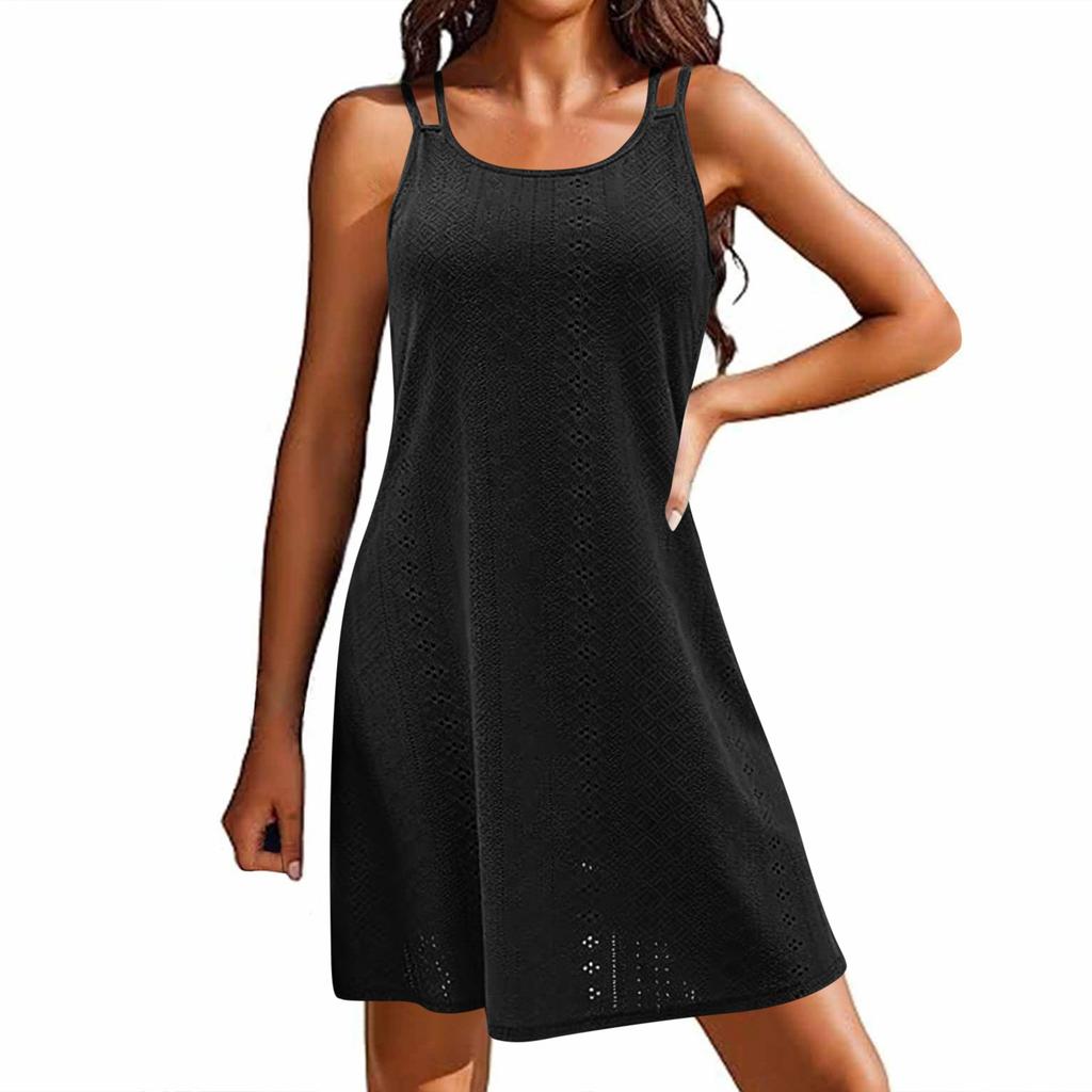 Sleeveless Knit Mini Dress for Women Double Strap Casual A Line Tank Dress Lightweight Breathable Summer Beachwear
