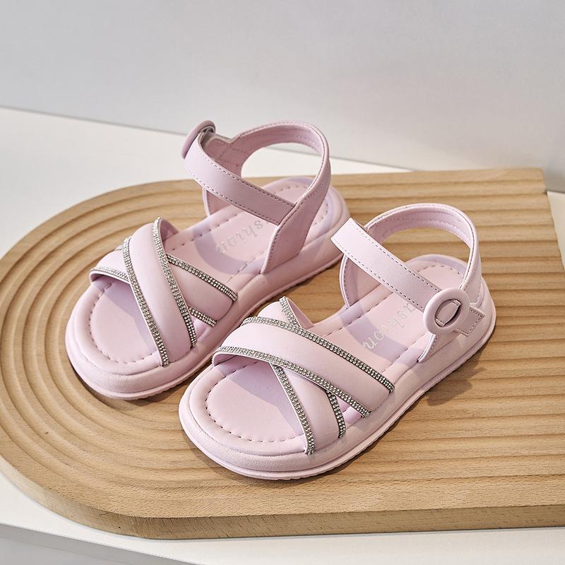 

New Girl Sandals Fashion Summer Versatile Kid Shoe Soft Anti Slip Casual Princess Shoes Sweet Exquisite Flat Simple Roman Shoes 26insole16CM розовый
