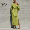 Women Long Dress One Shoulder Dress, Solid Color Tie Waist Side Split Casual Summer Dresses Party Sleeve Maxi for Everyday Wear