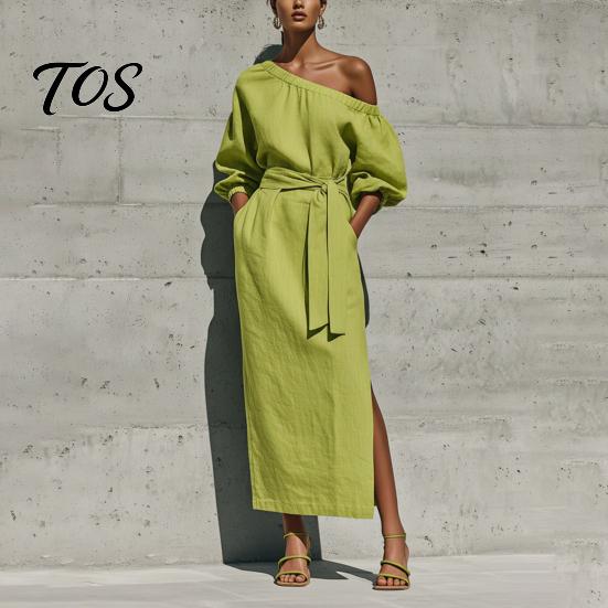 Women Long Dress One Shoulder Dress, Solid Color Tie Waist Side Split Casual Summer Dresses Party Sleeve Maxi for Everyday Wear