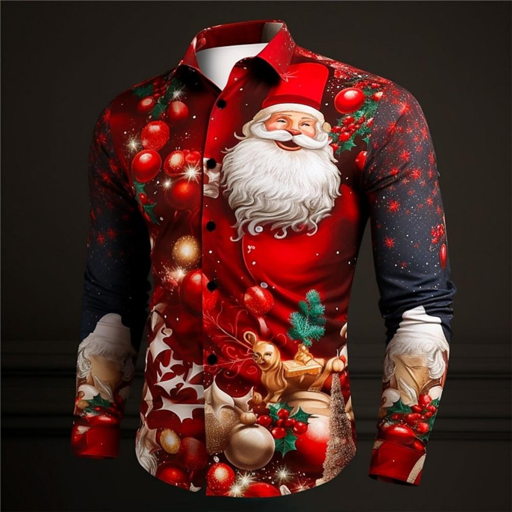 Modisches Schneemann 3D-Druck Weihnachtsmuster Hemd Herbst Winter Lässig Herren Langarmhemd Street Harajuku Oberteile 2XL red