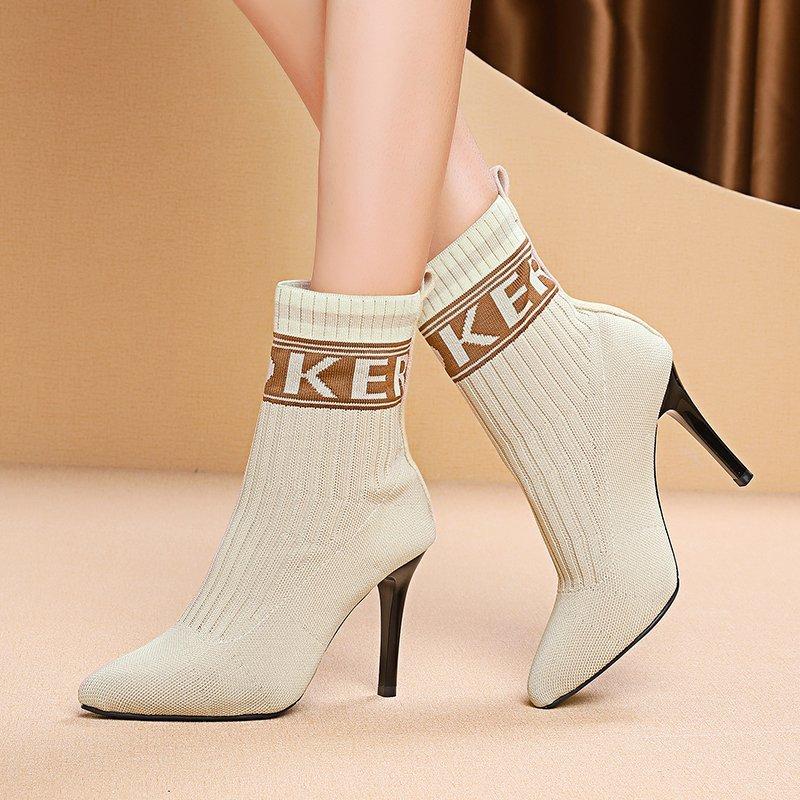 Fashion Autumn Winter Women Fly Knit Sock Boots Large Size High Heels Shoes Women Fashion Ankle Boots Pointed Toe Elastic Short Booties