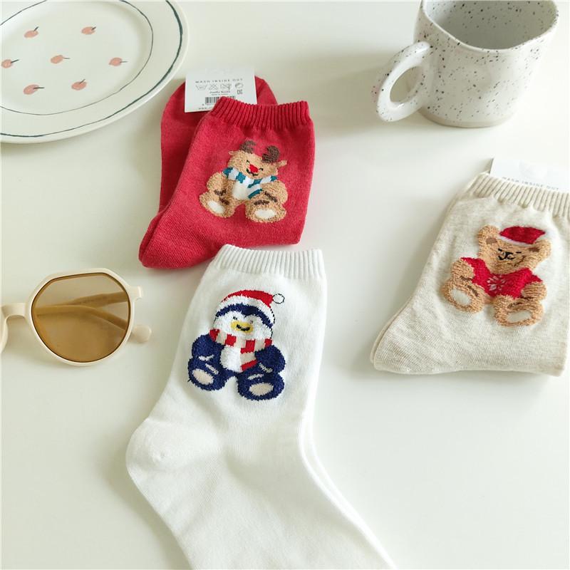 Korean Vivid Color Women's Mid-Calf Cotton Socks, Spring/Autumn/Winter, Christmas Style V-W-018