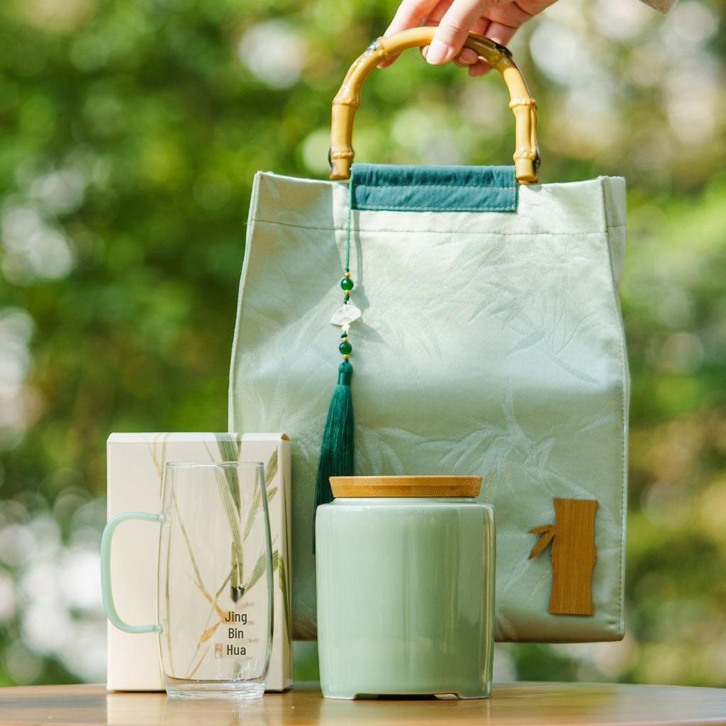 Creative Green Tea Ceramic Canister with Fresh Cloth Bag for Longjing, Maojian, Biluochun, Gyokuro - Empty Gift Packaging Box.