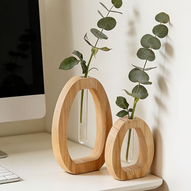 2pcs Wooden Hydroponic Plant Vases Creative Glass Tube Containers High-End Flower Decorative Vases For Workspace Home Wedding
