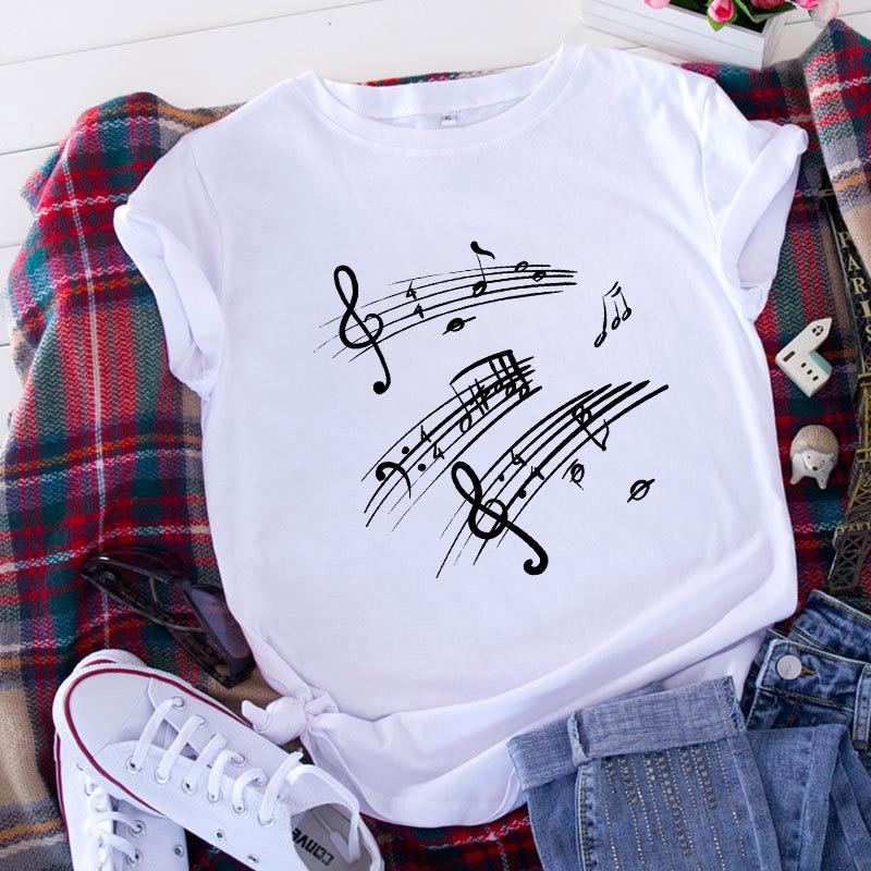 Women T Shirt 2025 Graphic Musical Note Print Cute 90S Summer Lady Clothes Tops Tees Harajuku Short Sleeve Female T-Shirt 2025