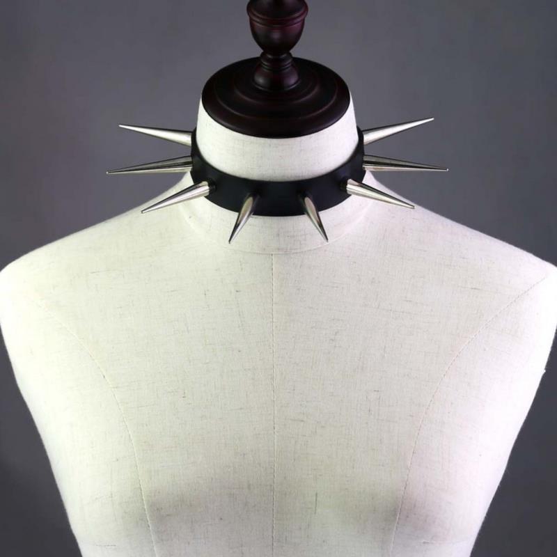 Long Spike Choker Punk Faux Leather Collar Cool Big Rivets Necklace Accessories