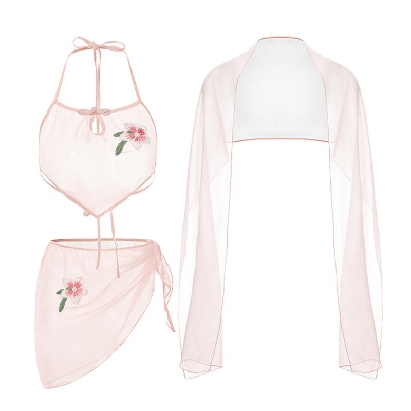 Sexy Hanfu Lingerie Set for Women Sheer Mesh Tie-Up Dudou Top with Mini Skirt and Shawl