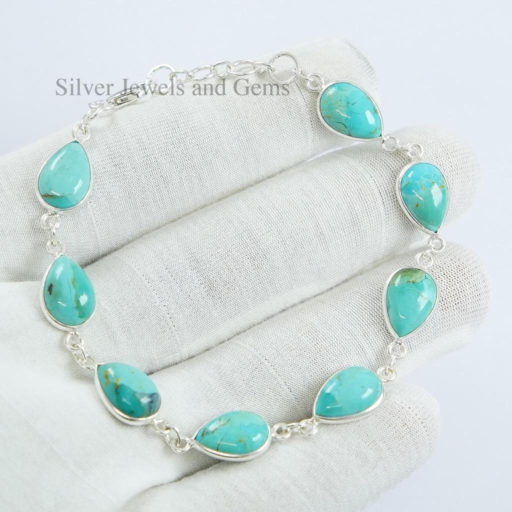 Arizona Turquoise Bezel Bracelet, Handmade Bracelet for Her, 925 Sterling Silver Bracelet, Teardrop Turquoise Jewelry, Light Weight Bracelet