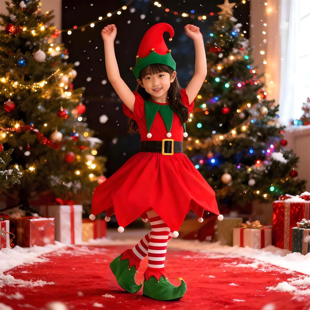 Yi-gog Weihnachtsmann Cosplay Kinder 5-teiliges Set, Enthält Elfen-Weihnachtskleid, Mütze, Gürtel und Weihnachtssocken, Perfekt für Fotoshootings, Veranstaltungen und Partys