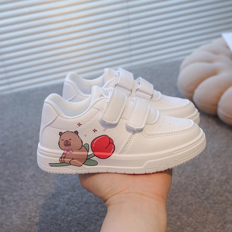 Fashion Girls White Shoes Boys Casual Sneakers with Cartoon Capybara Prints Non-slip Classic Kids Sports Skate Shoes Size 21-38