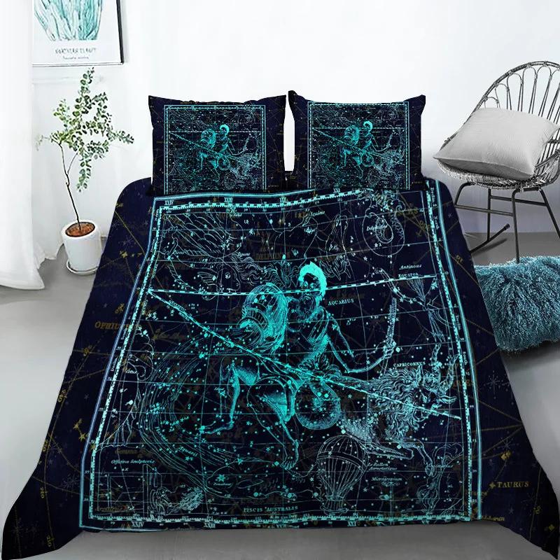 Sternbild Bettbezug Gelbes Sternbild King-Size-Bettwäscheset für Astronomie-Enthusiasten Weicher Einzel-Polyester-Bettdeckenbezug