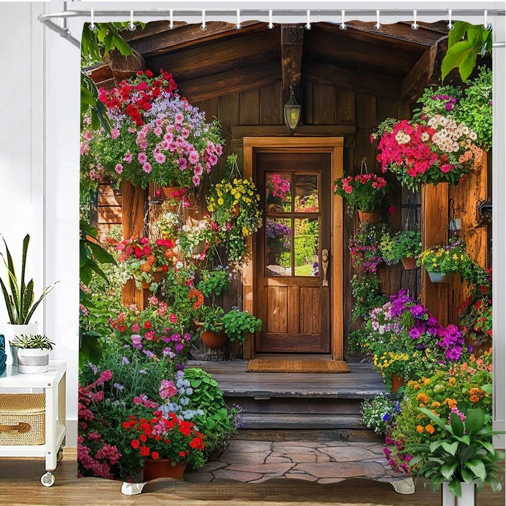Beautiful Country Garden Flowers House Style Printed Fabric Shower Curtain Bathroom Curtain,home Decoration Curtain with Hooks