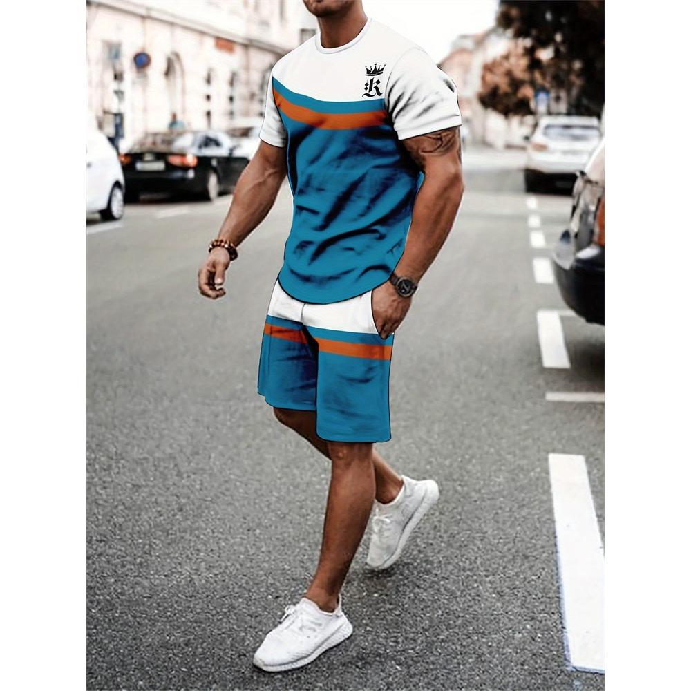 New Stitching Printed Men's Suit Summer Round Neck Short Sleeve Top And Casual Shorts Fashion Street Style Two-Piece Set