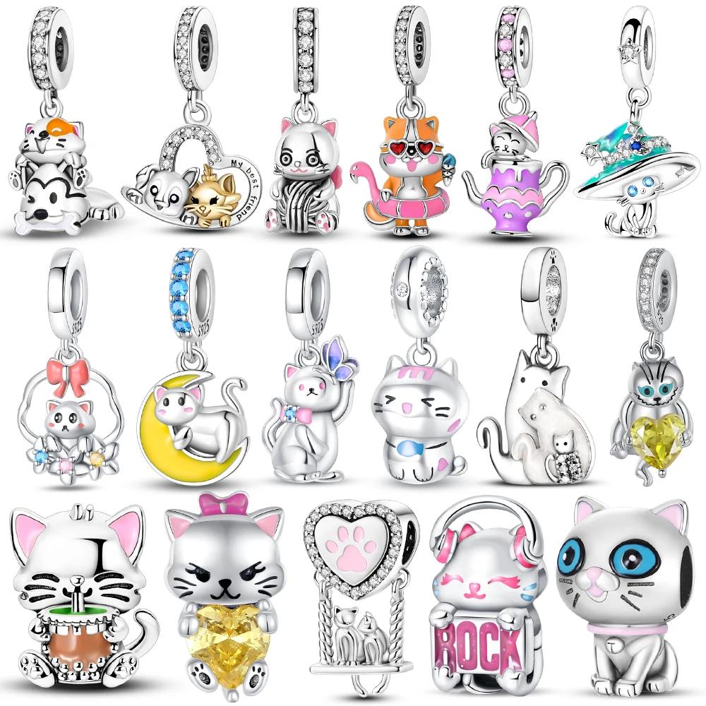Rock Cat Pendant Features Cute Animal Moon Dog Charms Bead Fit Bracelet Originalcopper Women Jewelry Accessories Fine Gift