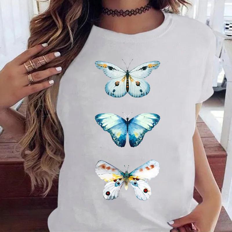 Woman Butterfly Tree Print Harajuku Summer Tshirts Casual Round Neck Short Slee Top Tee Shirt Women Black T-shirt Drop Ship