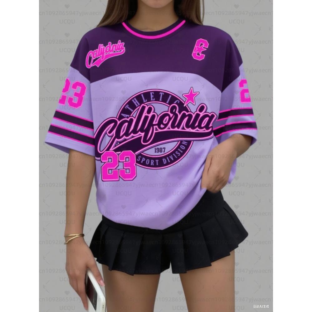 Printed Short Sleeved T-shirt, Summer Pattern T-shirt, Baseball Shirt, Plus Size Women's Sports T-shirt
