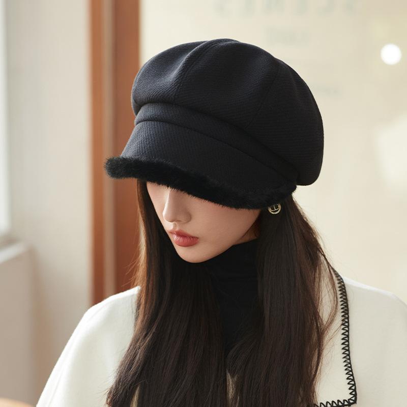 Plush Warm Plush Beret Women's New Autumn and Winter Octagonal Hat Thickened Fashion Pile Hat Bucket Hat