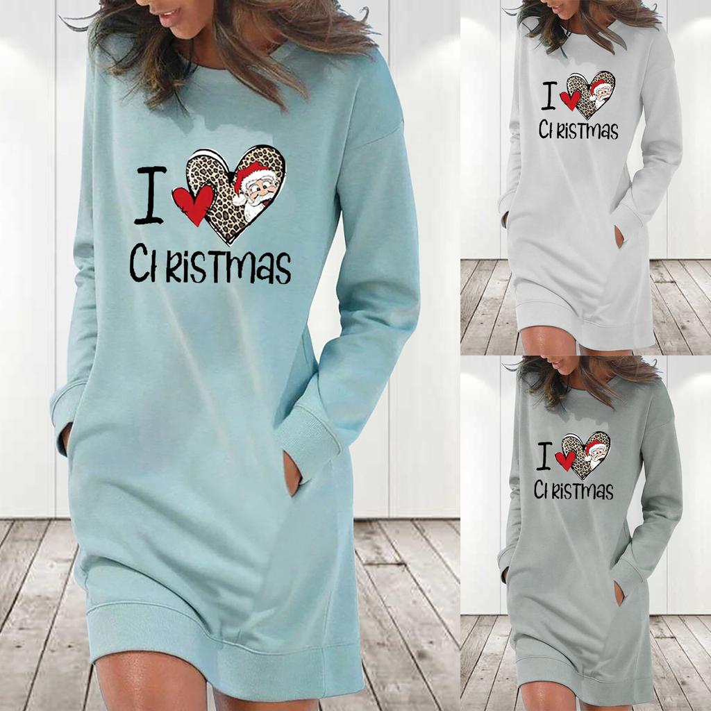 Women's Casual Solid Color Long Sleeve Round Neck Pocket Dress Merry Christmas