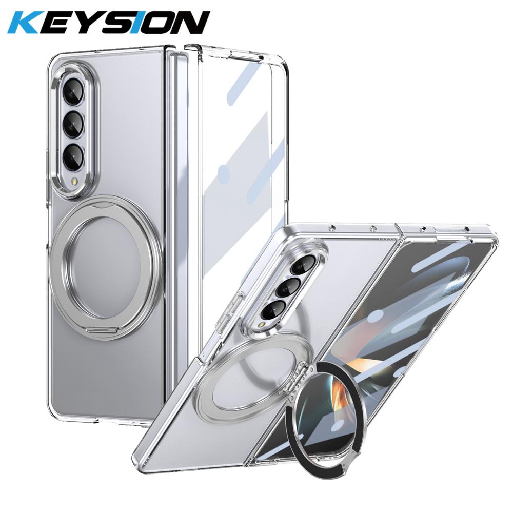 

KEYSION Чехол-подставка с магнитным кольцом, вращающимся на 360°, для Samsung Galaxy Z Fold 4 3 5G, прозрачная накладка для телефона с защитной пленкой для экрана for Galaxy Z Fold 3 серебряный