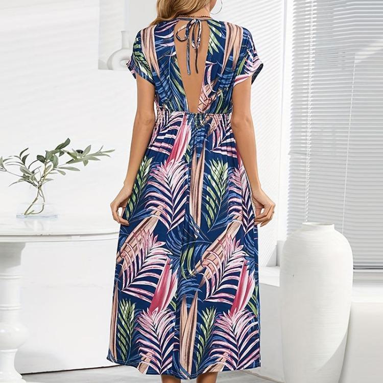 Damen Sommer Böhmisch Strandurlaub V-Ausschnitt Bedruckt Kurzarm Einteiliges Kleid