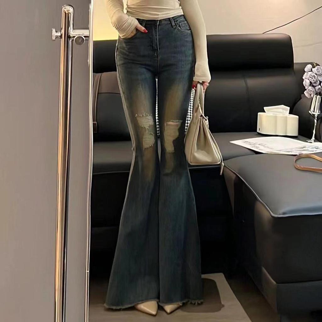 Hot Girl Retro Fishtail Flared High Waist Ripped Jeans