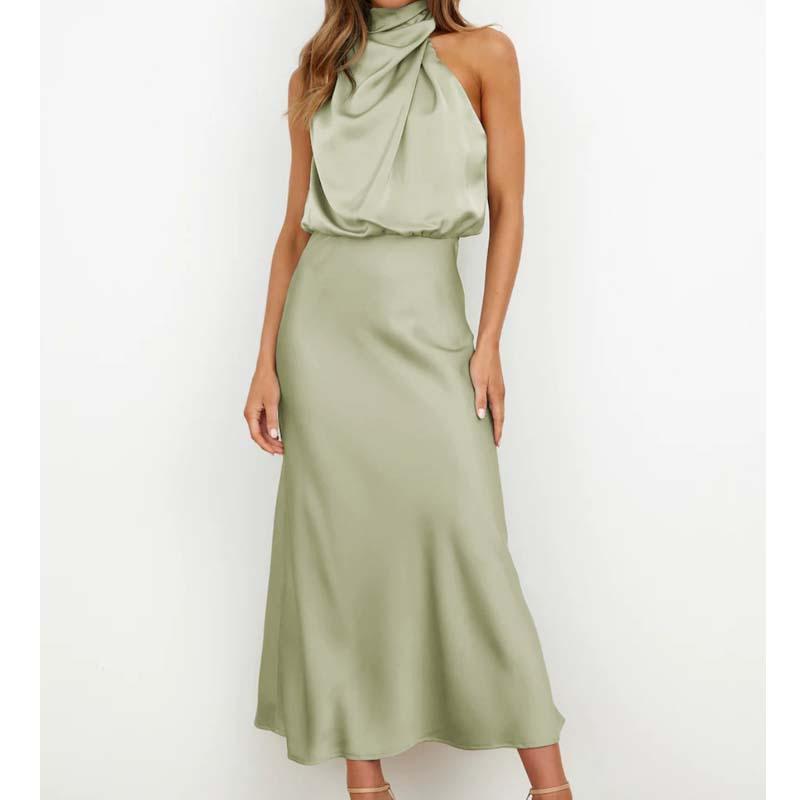 Abito da Sposa Estivo Senza Maniche con Spalle Scoperte in Seta Satinata alla Moda Abito Sexy da Damigella Elegante Abito Lungo da Sera per Feste 28057