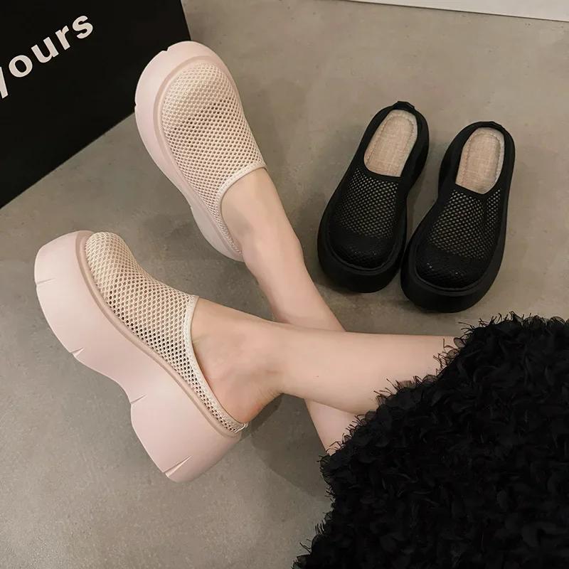 Black Non-slip Platform Female Mesh Breathable Half-toe Slippers Casual Versatile Beach Shoes Slides Women Sandalias 2026