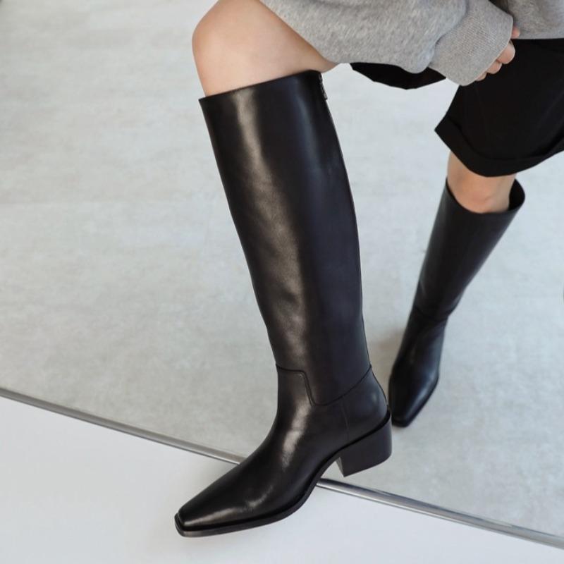 Bottes hautes en cuir à bout carré, semelle souple, fermeture éclair arrière, antidérapantes, résistantes à l'usure, à talon bloc pour femmes