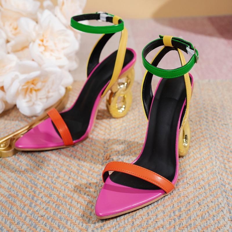 

Fashion High Heel Sandals Summer New Pointy Metal Buckle A Line with Anti-slip Wear-resistant Special-shaped Women s Shoes 42 розовый