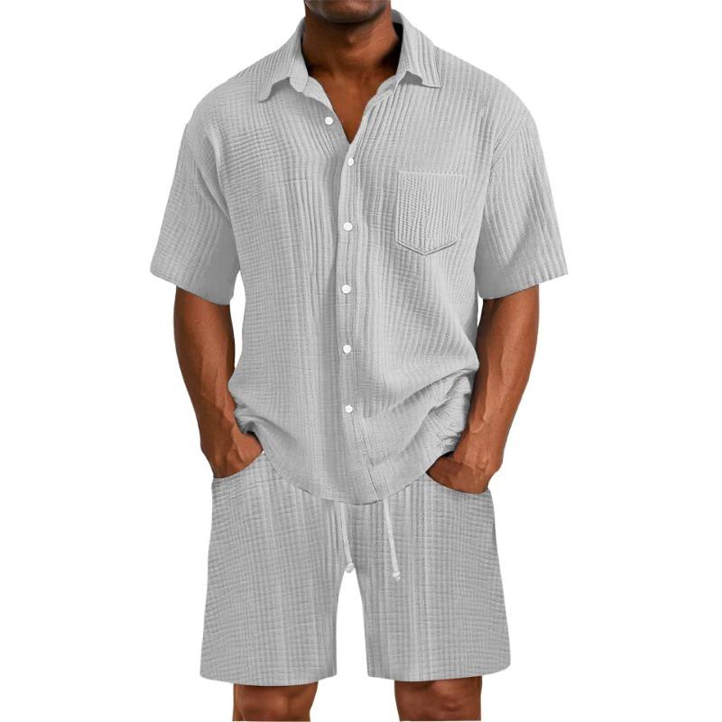 Mens Casual Solid Color Textured Shirt Shorts Two Piece Set