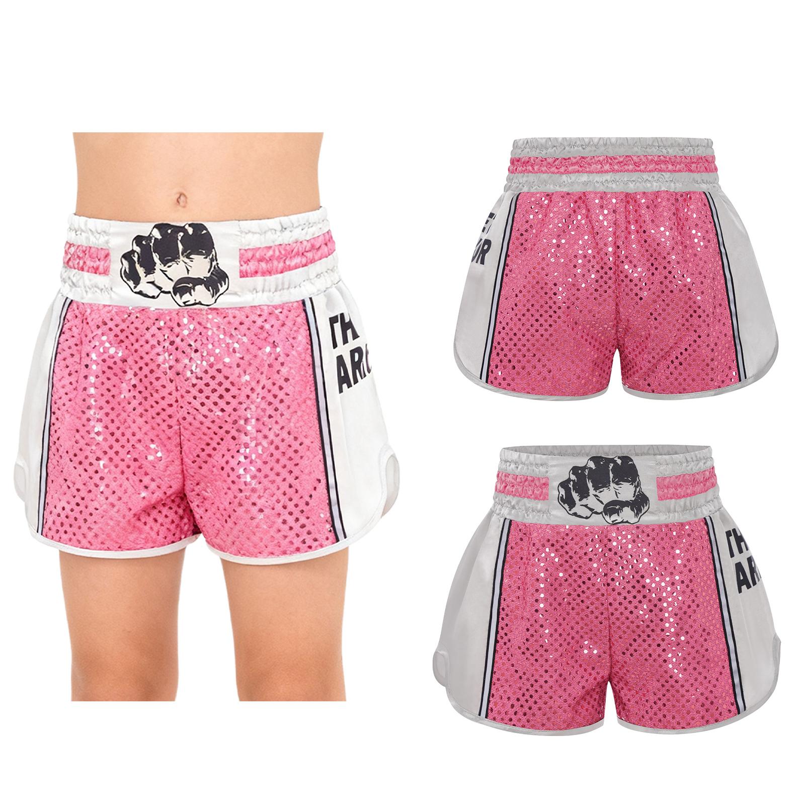 

Unisex Kids Elastic Waist Boxing Trunks Color Block Sequins Side Slit Shorts for Gym and Costume 5-6 Years рожевий