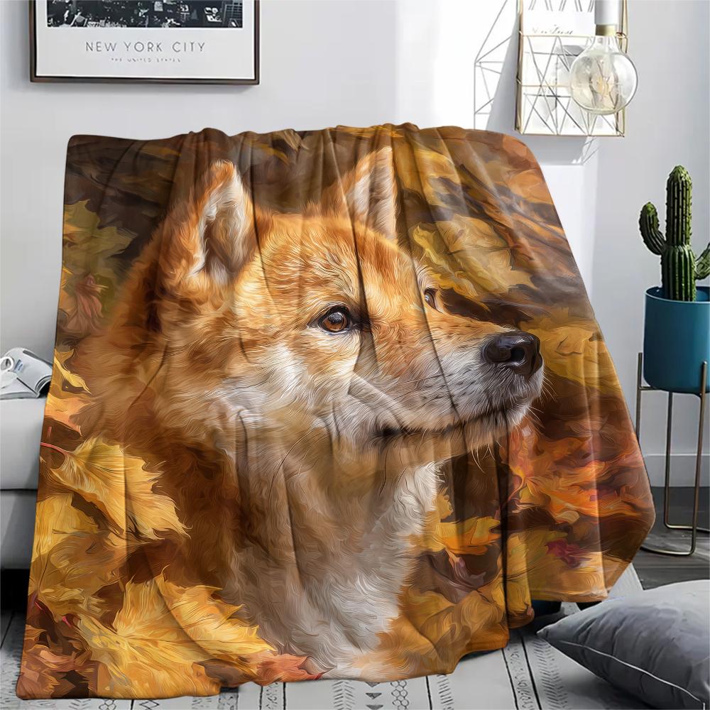 Shiba Inu and Leaves Pattern Flannel Blanket, High Quality Comfortable for All Seasons, Home Decor, Warmth and Comfort, Perfect for Gifts.