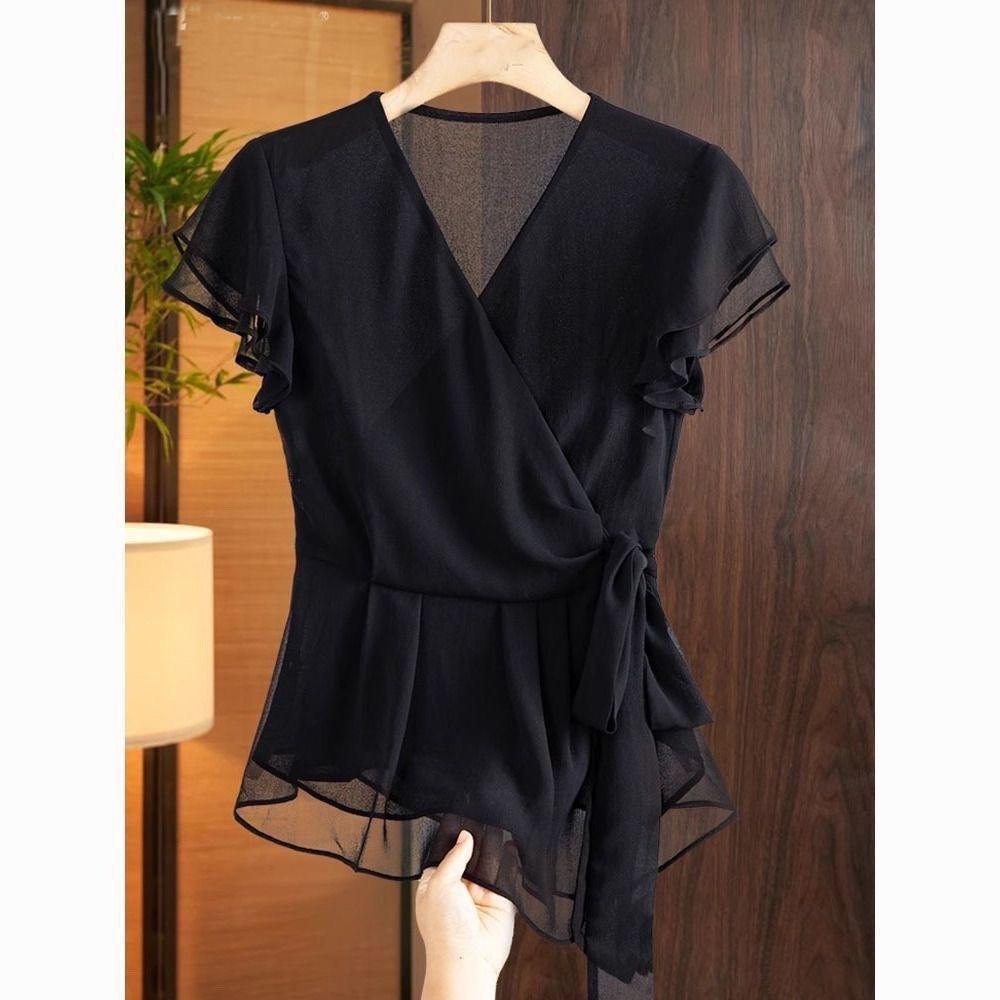 WTEMPO Women Chiffon Wrap Blouse V Neck Ruffle Sleeve Waist Tie Slim Elegant Summer Office Commuter Irregular Hem Shirt Top S