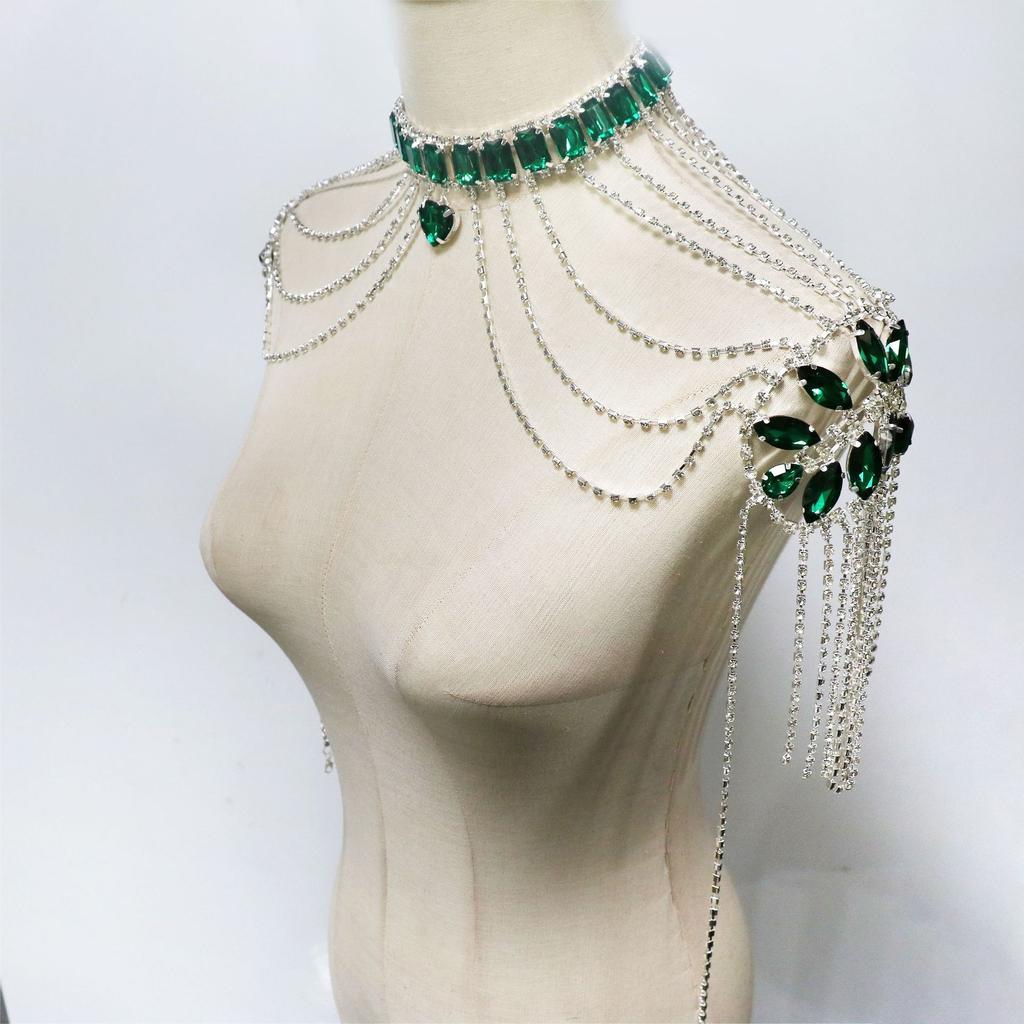 Rhinestone Shoulder Chain, Green Love Pendant Rhinestone Shoulder Chain, Dinner Party Shoulder Chain Body Jewelry Women