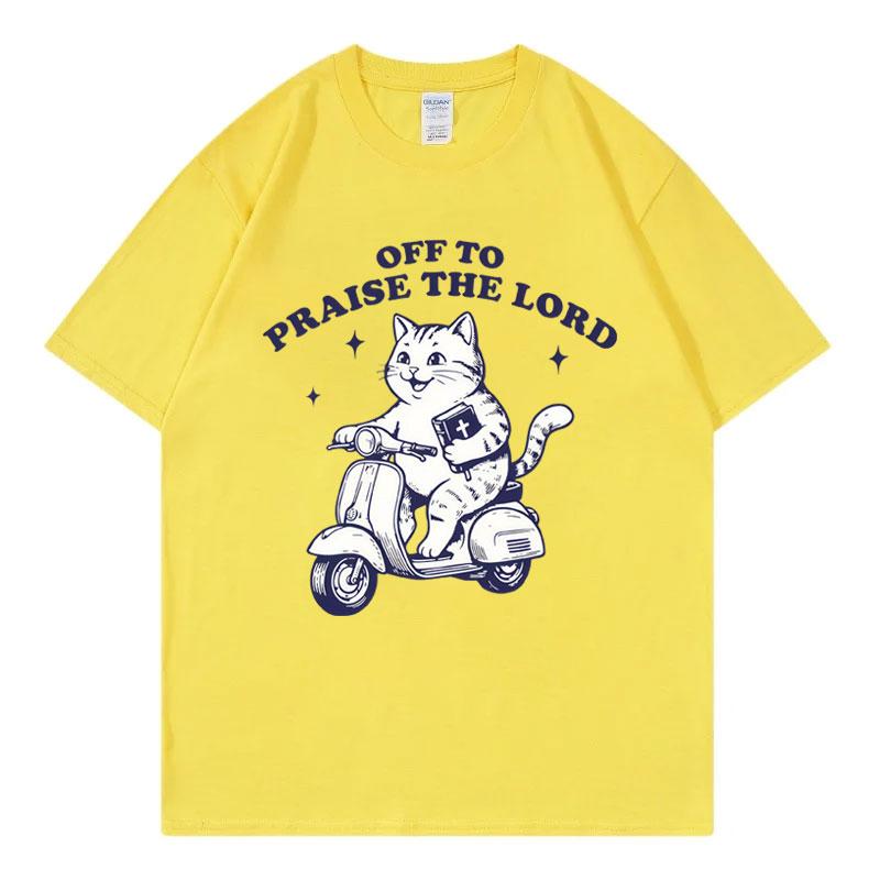 Off To Praise The Lord Christian T Shirt Funny Cat On Scooter With Bible Meme Tshirts Unisex Unisex Casual Fashion Loose Tshirt
