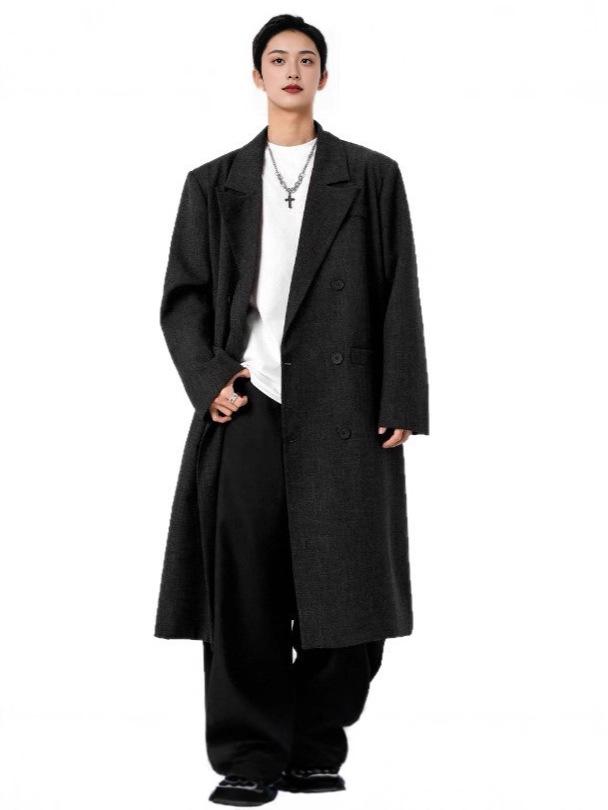 Men's Black Wool Trench Coat - Korean Style, Mid-Length, Over-the-Knee for 2025 Spring/Autumn