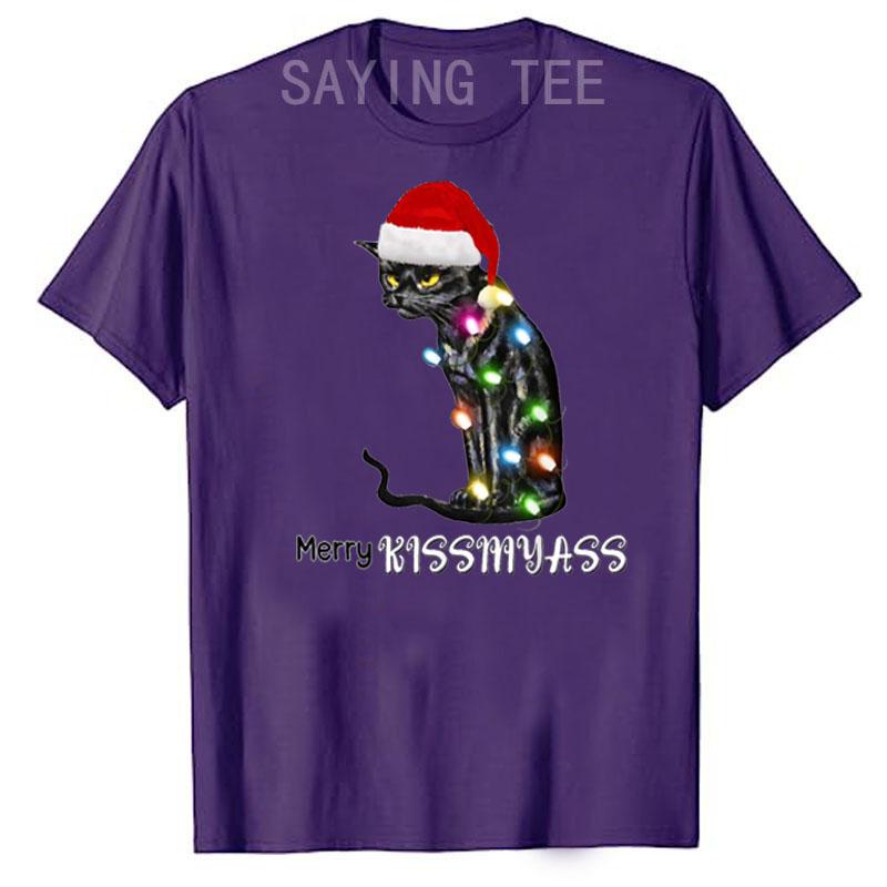 Merry Kissmyass Funny Cat Christmas Lights T-Shirt Xmas Costume Gifts Kitty Lover Graphic Outfits Cute Kitten Saying Tee Y2k Top