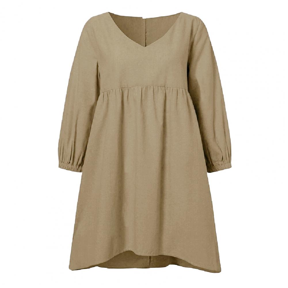 Women Casual Shirt V-Neck Pleated Lantern Long Sleeve Top Solid Color Loose Fit Mid-length Pullover Tops Streetwear